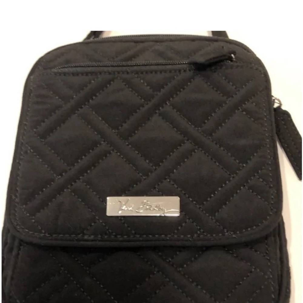Black Vera Bradley crossbody w/ built in wallet. Quilted fabric, gently worn.